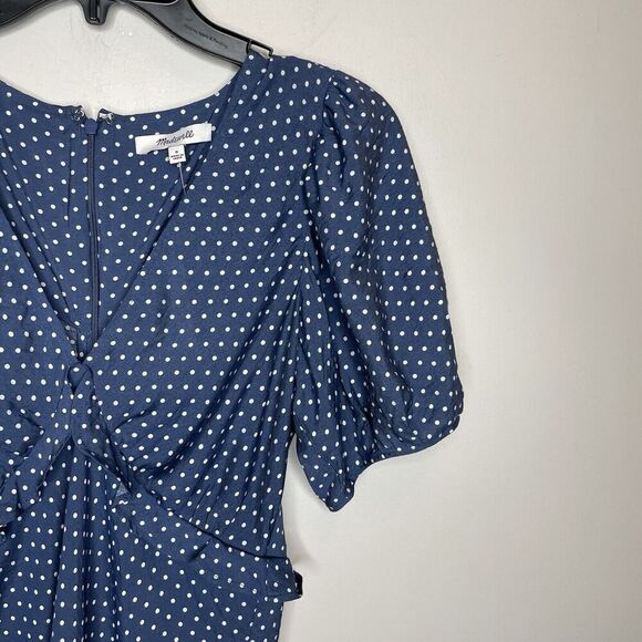 MADEWELL Mini Dress Women 0 Blue Polka Dot Ruffle NEW Puff Sleeve NP106 - Picture 4 of 16
